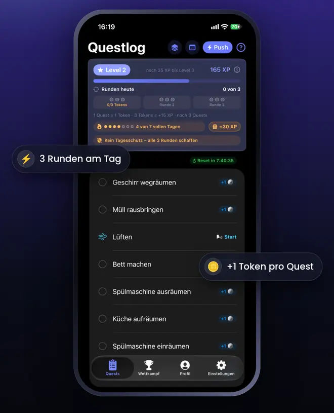Questlog: t&auml;gliche Quests abhaken, Tokens sammeln und bis zu drei Runden am Tag schaffen